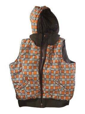 Orange Plaid Quilted Hooded Vest